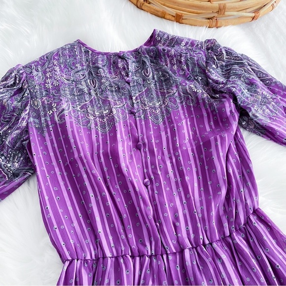 Vintage Hanae Mori New York VTG Chiffon Paisley Stripe Dress Purple - Picture 6 of 16